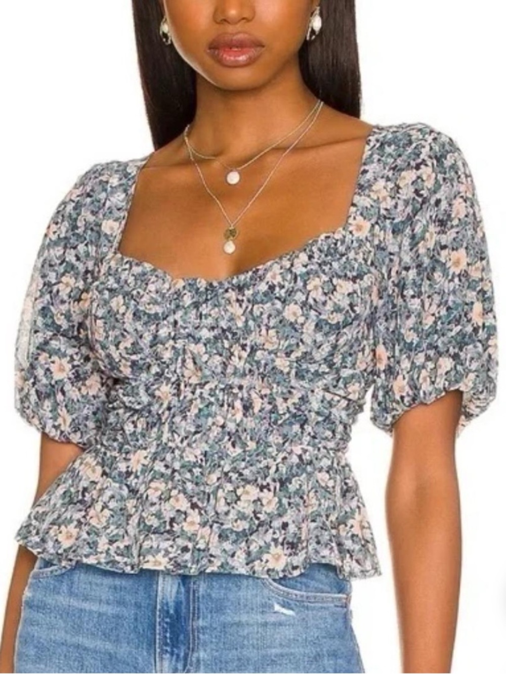 Astr Floral Puff-Sleeve Peplum Top - Black with Peach Flowers